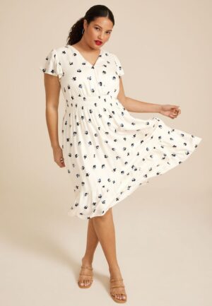 Plus Size Flutter Sleeve V Neck Midi Dress