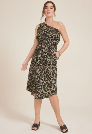 One Shoulder Printed Midi Dress