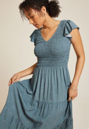 Printed Flutter Sleeve Smocked Midi Dress