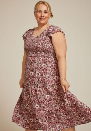 Plus Size Printed Flutter Sleeve Smocked Midi Dress