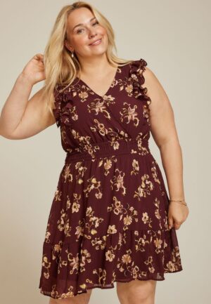 Plus Size Bare Floral Ruffle V Neck Skater Dress