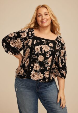 Plus Size Floral Crochet Trim Blouse
