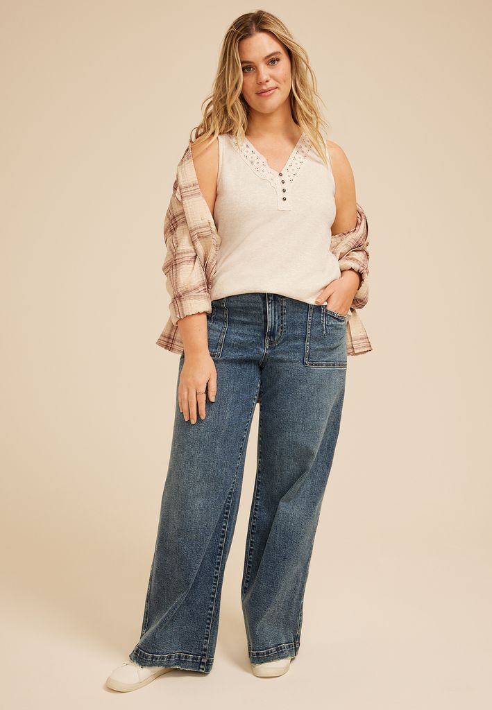 Plus Size Heathered Crochet Yoke Henley Tank Top - Image 3