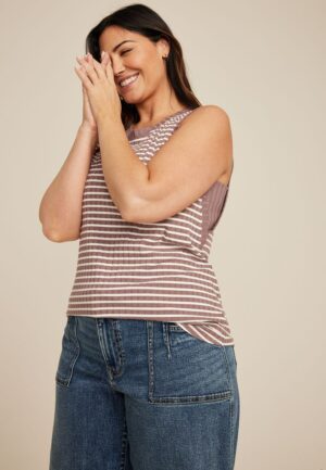 Plus Size Striped Ribbed Side Gusset Tank Top