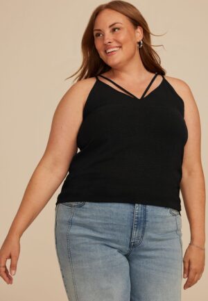 Plus Size Studio Y Black Lattice Neck Tank Top