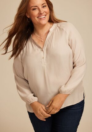 Plus Size Striped Henley V Neck Blouse