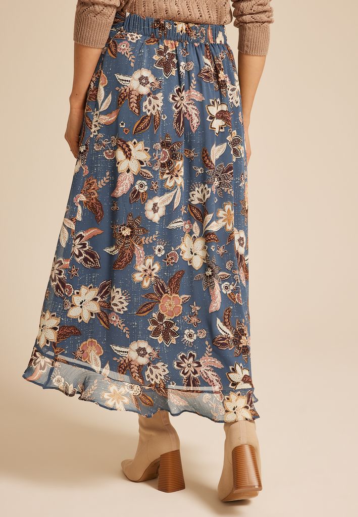 Blue Floral Faux Wrap Maxi Skirt - Image 2