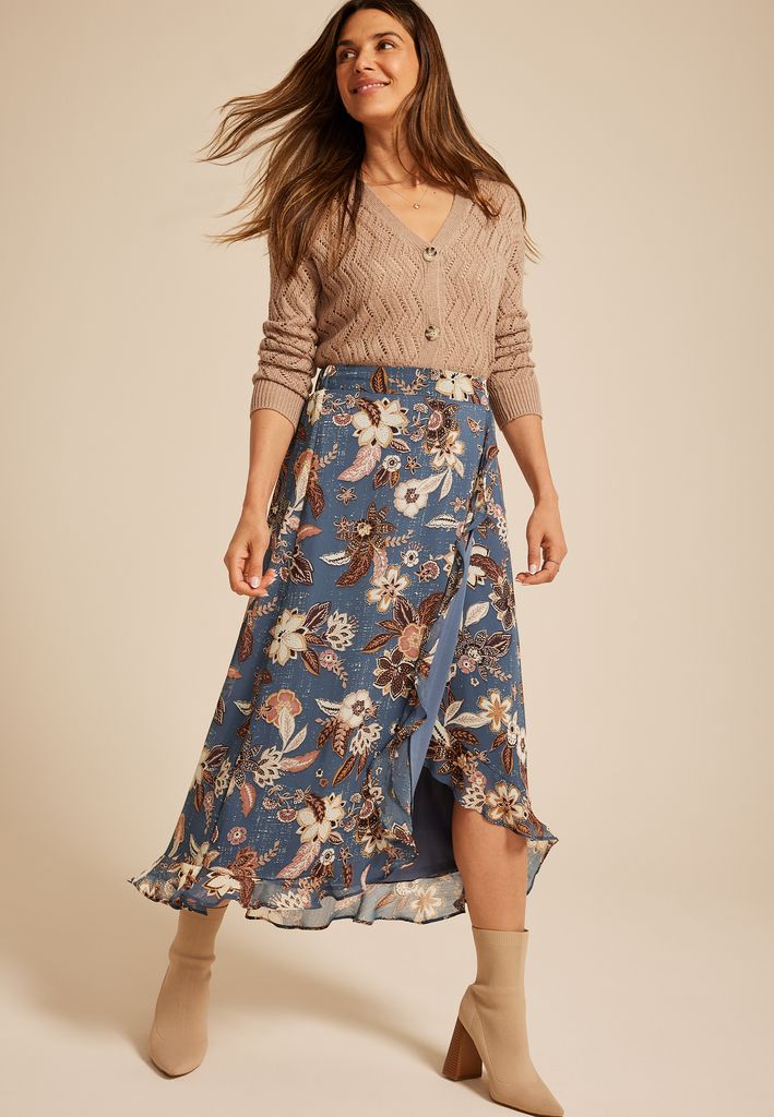 Blue Floral Faux Wrap Maxi Skirt - Image 3