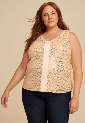 Plus Size Studio Y Sequin V Neck Tank Top