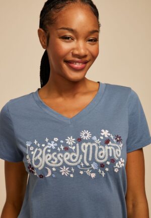 Floral Embroidered Blessed Mama Classic Fit Graphic Tee