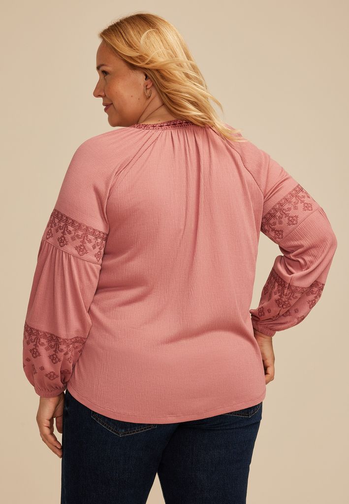 Plus Size Embroidered Gauze Blouson Sleeve Top - Image 2