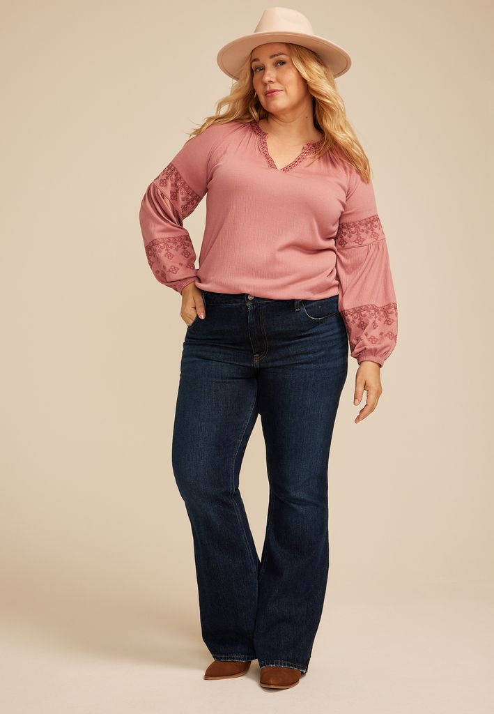 Plus Size Embroidered Gauze Blouson Sleeve Top - Image 3