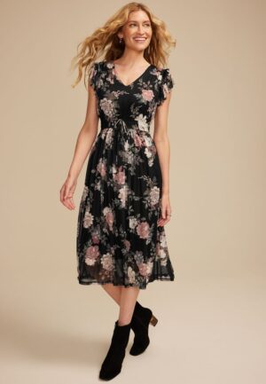Floral Mesh Flutter Sleeve Midi Dress