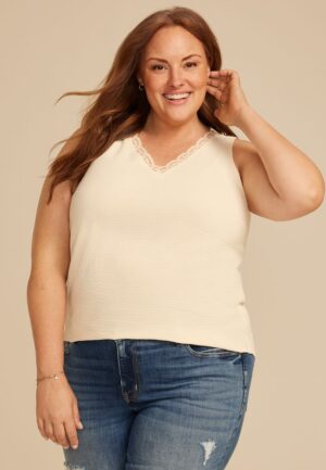 Plus Size Lace Trim V Neck Tank Top