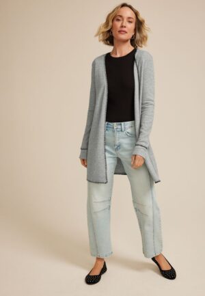Whipstitch Trim Open Front Cardigan
