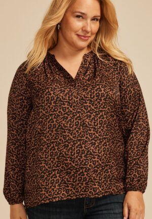 Plus Size Leopard V Neck Blouse