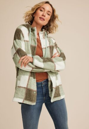 Sherpa Plaid Hooded Snap Button Front Jacket