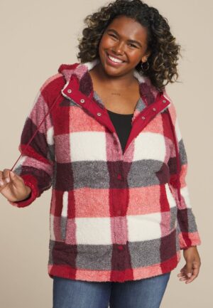 Plus Size Sherpa Plaid Hooded Snap Button Front Jacket