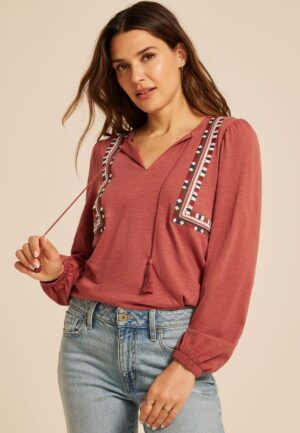 Embroidered Long Sleeve Tie Front Blouse
