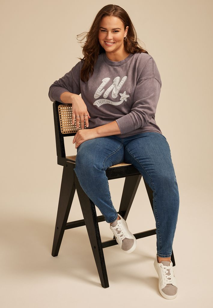 Plus Size State Satin Letter Crew Neck Sweatshirt