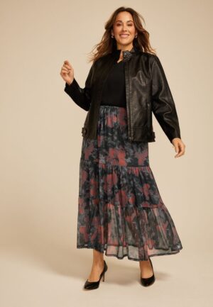 Plus Size Printed Mesh High Rise Maxi Skirt