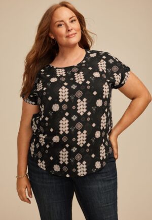 Plus Size Delton Geo Print Zipper Back Blouse