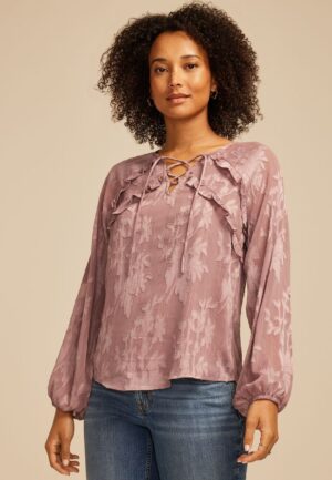 Jacquard Floral Lace Up Peasant Blouse