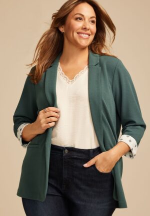 Plus Size Versa Printed Cuffed 3/4 Sleeve Blazer