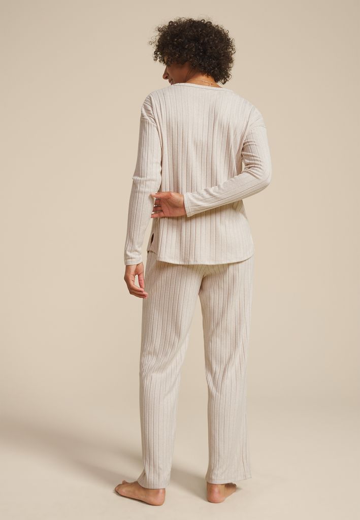 Heathered Cozy Wide Ribbed Long Sleeve Tee And Wide Leg Pajama Set - Image 2