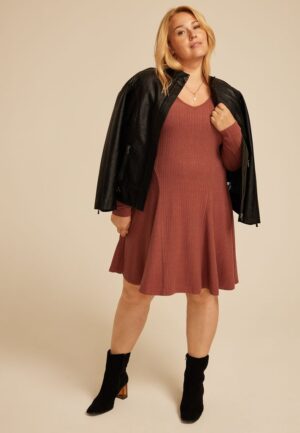 Plus Size 24/7 Textured Knit V Neck Skater Dress