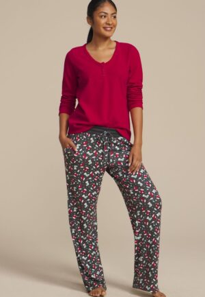 Hacci Henley Long Sleeve Tee And Wide Leg Pajama Set