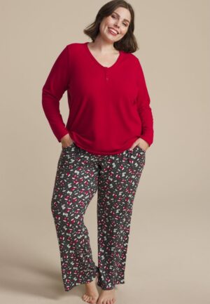 Plus Size Hacci Henley Long Sleeve Tee And Wide Leg Pajama Set