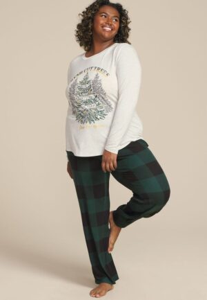 Plus Size Christmas Tree Farm Graphic Tee And Wide Leg Pajama Set