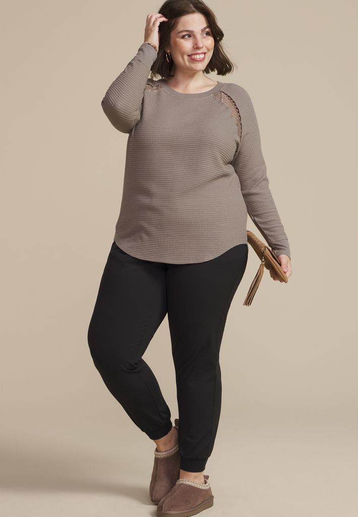 Plus Size Crochet Trim Waffle Knit Long Sleeve Tee - Image 3