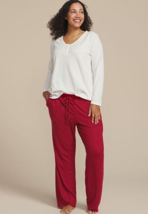 Plus Size Henley Long Sleeve Tee And Wide Leg Pajama Set