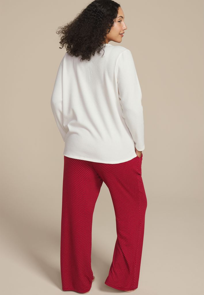 Plus Size Henley Long Sleeve Tee And Wide Leg Pajama Set - Image 2