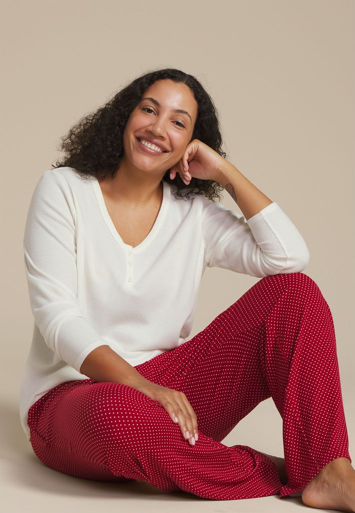 Plus Size Henley Long Sleeve Tee And Wide Leg Pajama Set - Image 3
