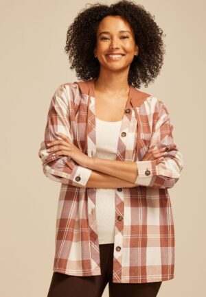 Plaid Hooded Boyfriend Button Down Shirt