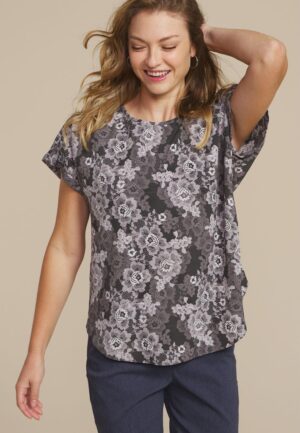 Delton Floral Lace Print Zipper Back Blouse