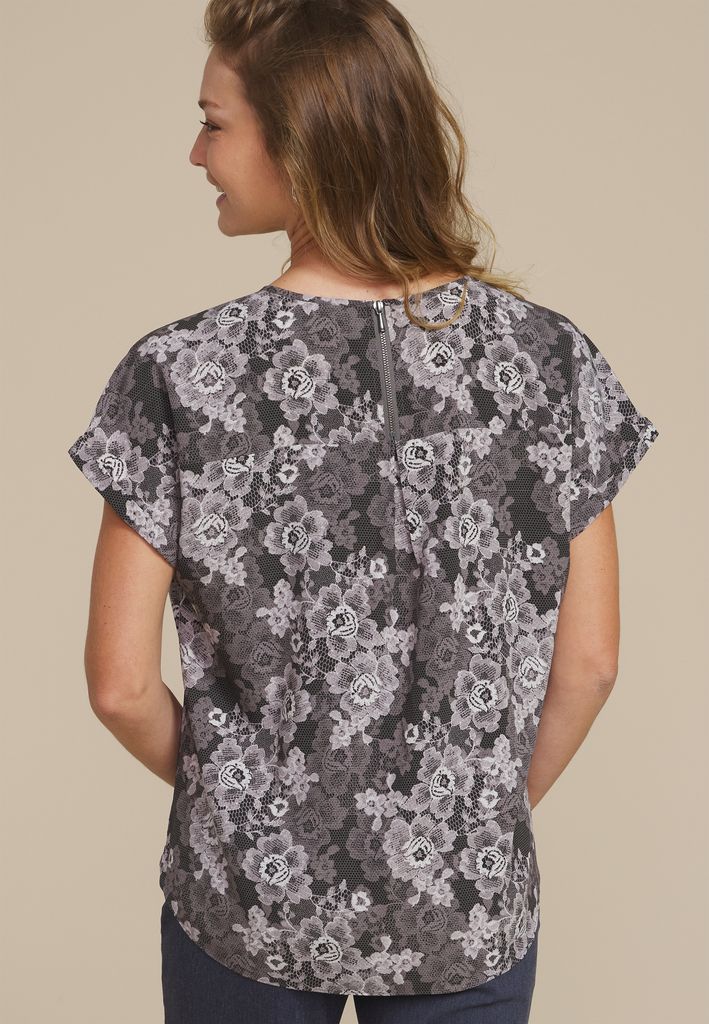 Delton Floral Lace Print Zipper Back Blouse - Image 2