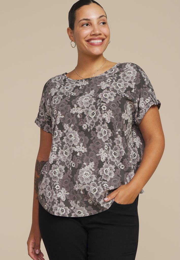 Plus Size Delton Floral Lace Print Zipper Back Blouse