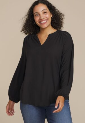 Plus Size Silver Trim V Neck Blouse