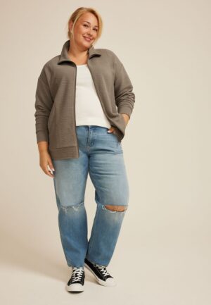 Plus Size Textured Full Zip Sweatshirt