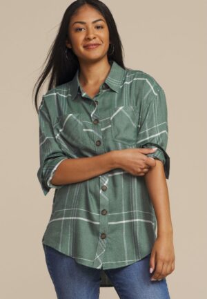 Plaid Boyfriend High Low Button Down Shirt