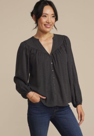 Checkered Button Front Peasant Blouse