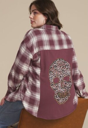 Plus Size Cabin Plaid Graphic Back Leopard Skull Button Down Shirt