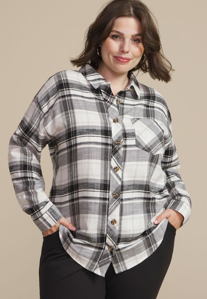 Plus Size Cabin Plaid Graphic Back Floral Button Down Shirt - Image 2