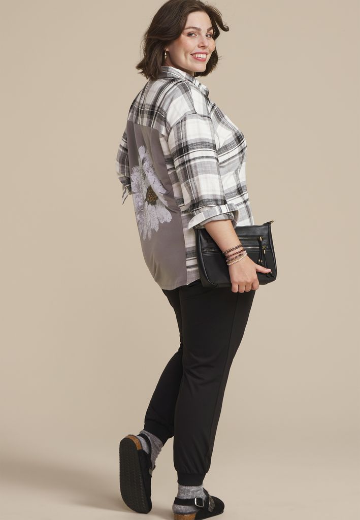 Plus Size Cabin Plaid Graphic Back Floral Button Down Shirt - Image 3