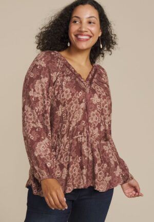 Plus Size Floral Lace Print Peplum Top