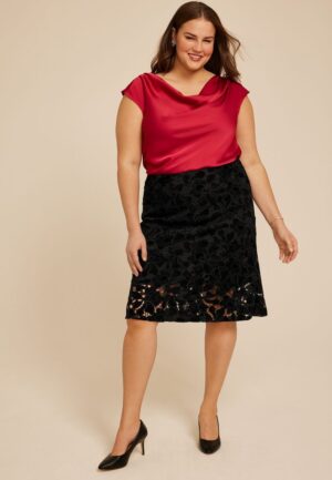 Plus Size Studio Y Black Floral Lace High Rise Midi Skirt